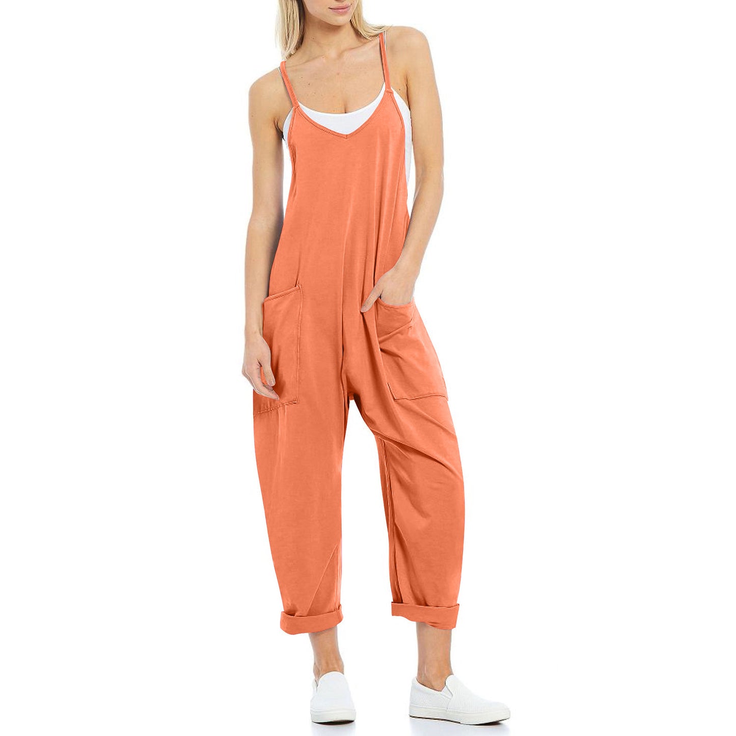 Pantalon en tricot une pièce à bretelles spaghetti de poche pour femme