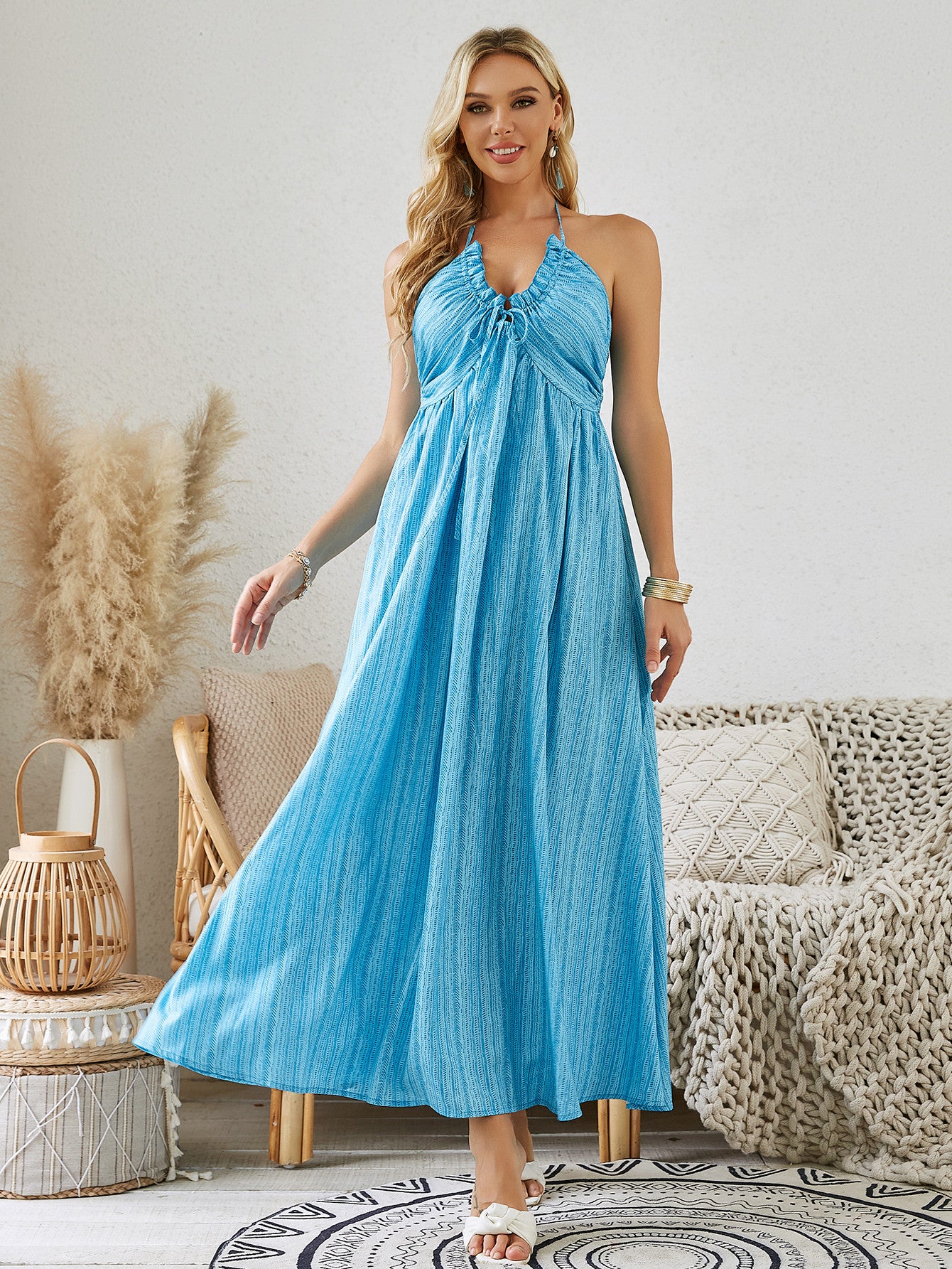 Robe bohème halter maxi-robe d'été sans manches pour femmes