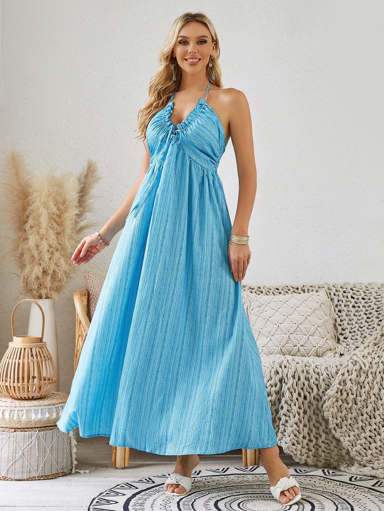 Robe bohème halter maxi-robe d'été sans manches pour femmes