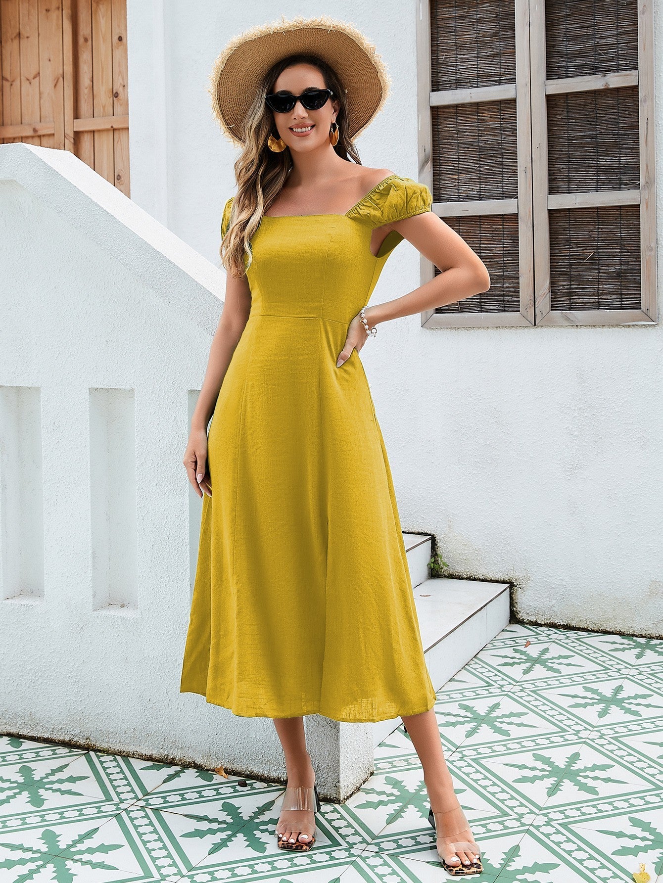 Robe midi en lin et coton pour femmes, conception polyvalente à épaules déchaussées avec cravate réglable et ourlet fendu en jaune, vert et orange