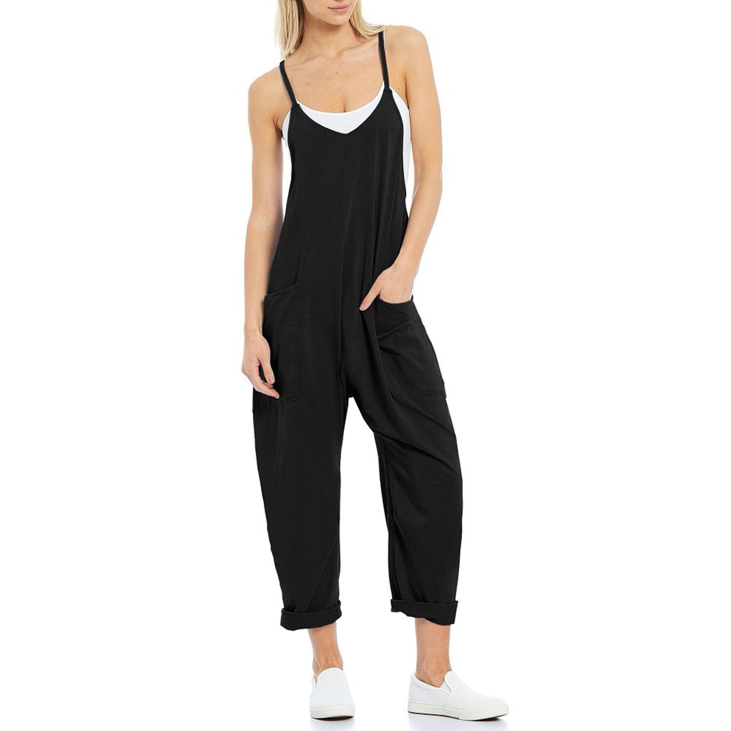 Pantalon en tricot une pièce à bretelles spaghetti de poche pour femme