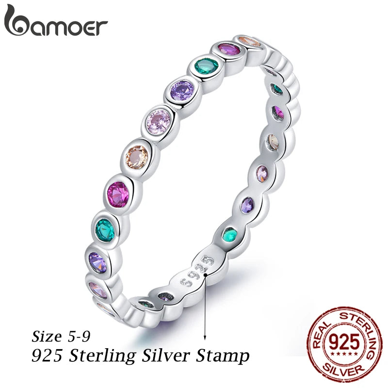 bamoer 925 Sterling Silver Multicolor Zircon Finger Ring for Women