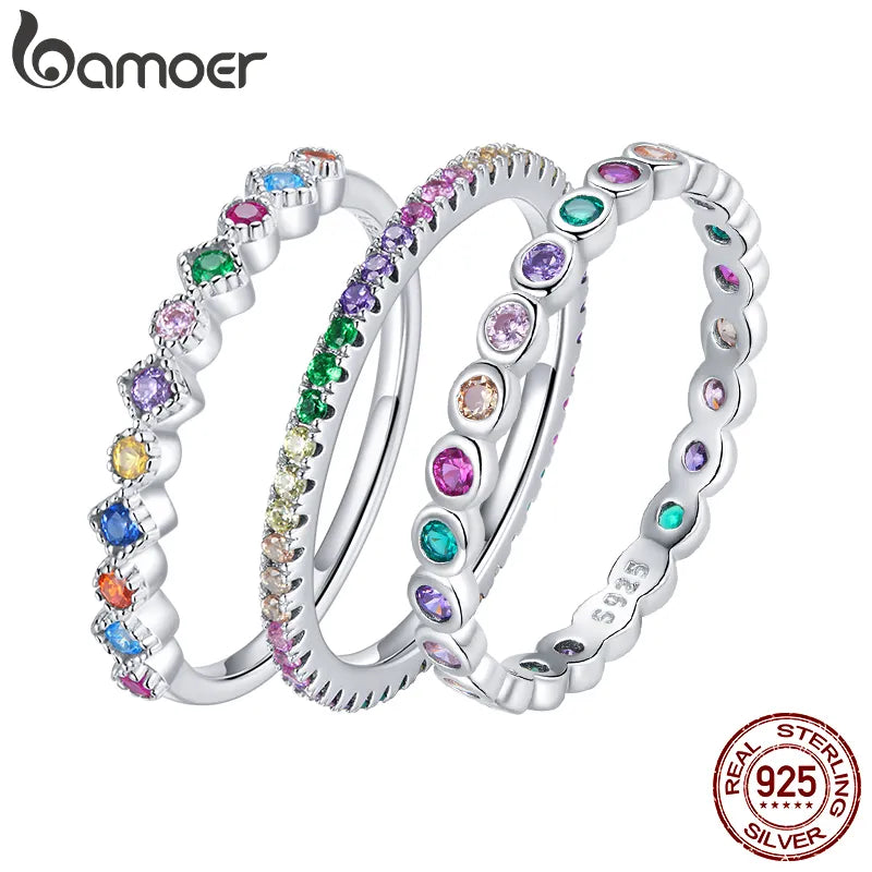 bamoer 925 Sterling Silver Multicolor Zircon Finger Ring for Women