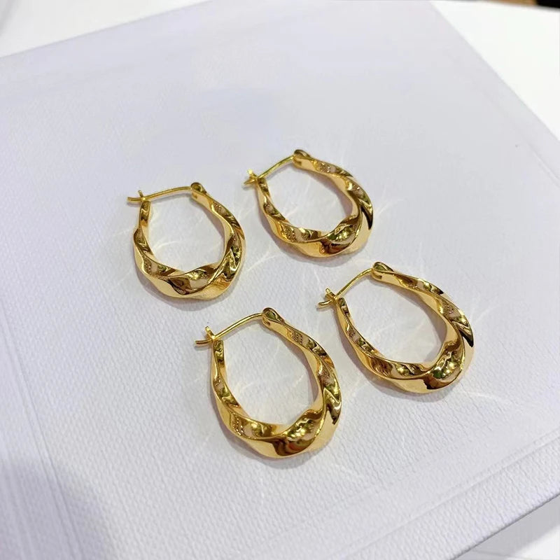 MIQIAO Real 18K Gold Drop Earrings for Women Pure Au750 Classic Twisted Oval Design Fine Jewelry Gift EA016