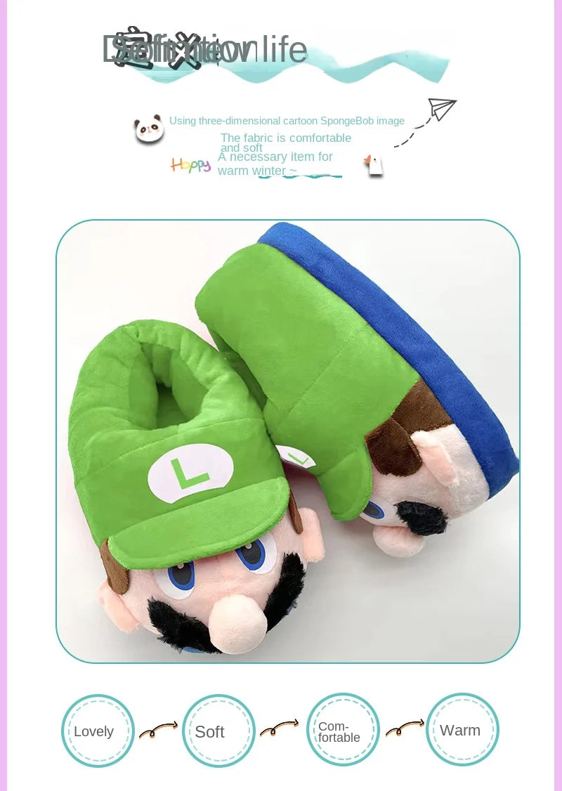 Super Mario Bros Winter Couple Plush Slippers Non-slip Soft Warm Flip Flops Kids Home Casual Cotton Shoes Women Men Plush Shoes