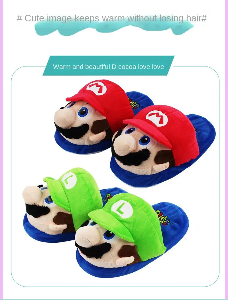 Super Mario Bros Winter Couple Plush Slippers Non-slip Soft Warm Flip Flops Kids Home Casual Cotton Shoes Women Men Plush Shoes