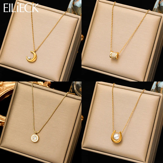 EILIECK 316L Stainless Steel Moon Pearl Zircon Puppy Pendant Necklace For Women Girl New Fashion Neck Chain Jewelry Gift Bijoux