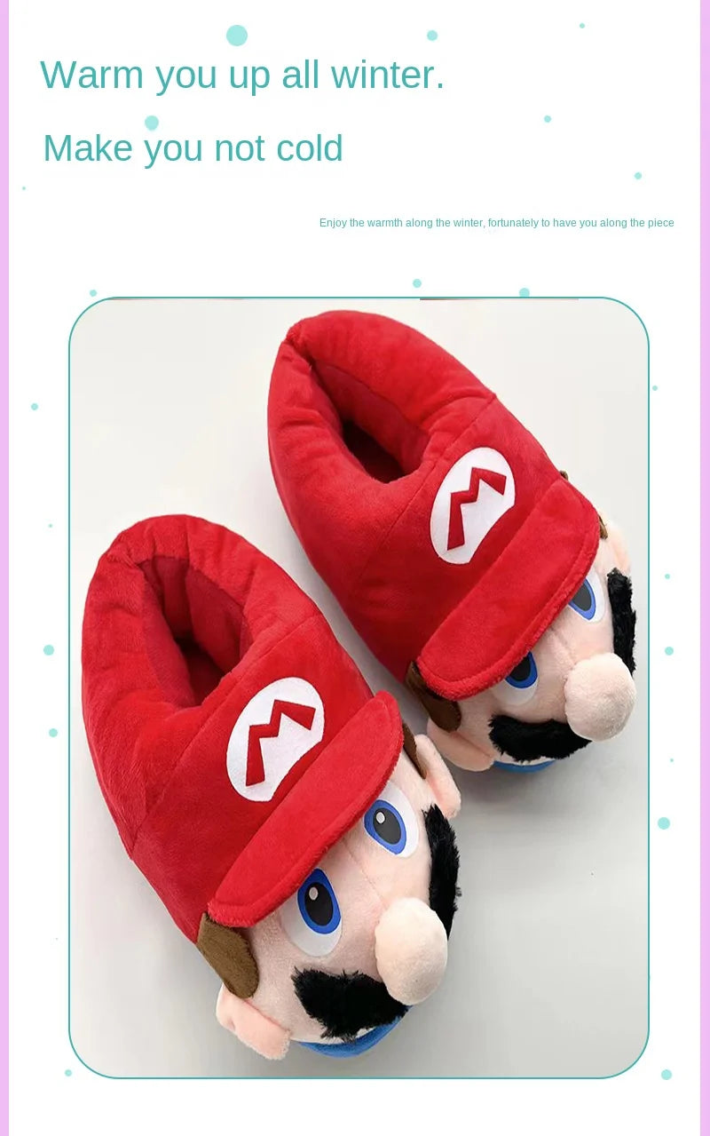 Super Mario Bros Winter Couple Plush Slippers Non-slip Soft Warm Flip Flops Kids Home Casual Cotton Shoes Women Men Plush Shoes