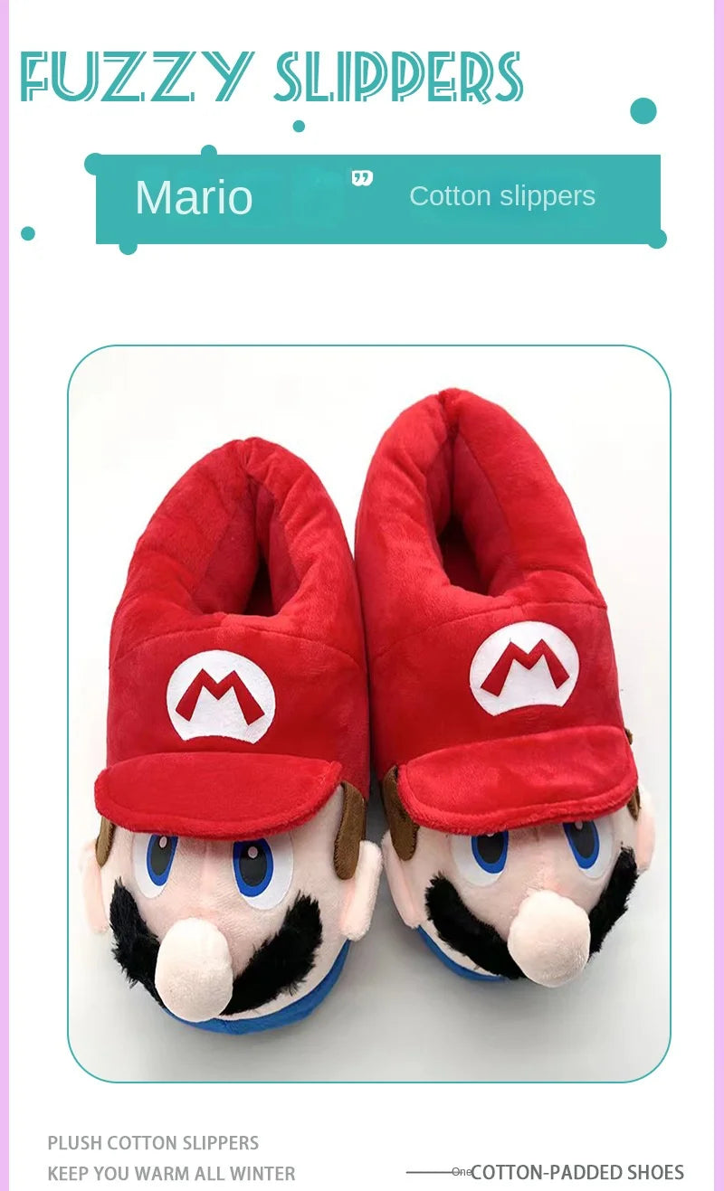 Super Mario Bros Winter Couple Plush Slippers Non-slip Soft Warm Flip Flops Kids Home Casual Cotton Shoes Women Men Plush Shoes