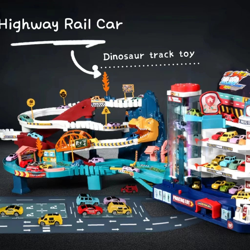 Electric Rail Car Dinosaur Building Parking Lot Adventure Racing Rail Car Toys Children Brain Mechanical Interactive Rail Cars