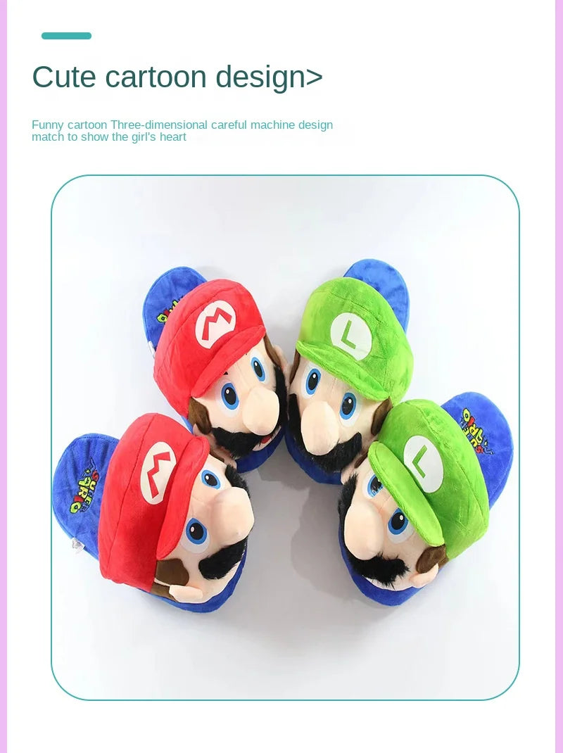 Super Mario Bros Winter Couple Plush Slippers Non-slip Soft Warm Flip Flops Kids Home Casual Cotton Shoes Women Men Plush Shoes