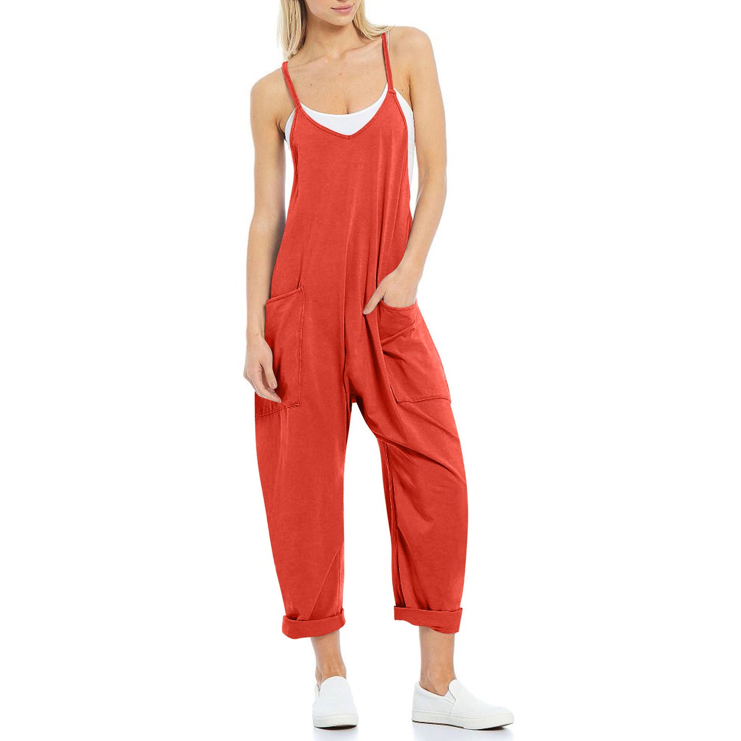 Pantalon en tricot une pièce à bretelles spaghetti de poche pour femme