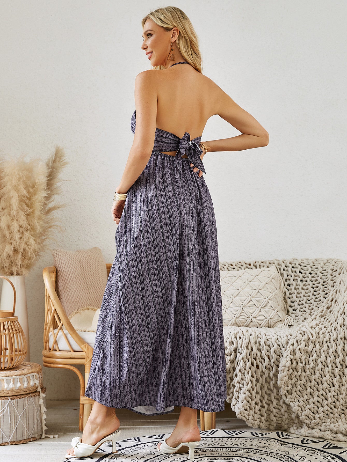 Robe bohème halter maxi-robe d'été sans manches pour femmes