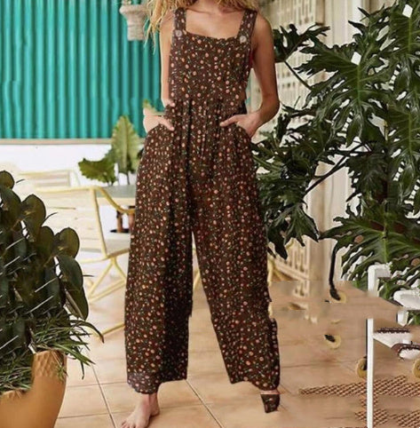 Patchwork Printed Button Suspender Jumpsuit